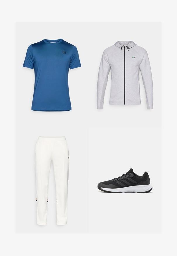 Šedá mikina s kapucňou a zipsom, vybavená čiernym zipsom a šnúrkou na stiahnutie. Textúrované bočné panely a zelené logo na hrudi dotvárajú dizajn.; Modrá krátkozrunná tričko z ľahkého materiálu. Má okrúhly výstrih a malé čierne logo na ľavej hrudi. Hladká textúra.; Biele jogger nohavice vyrobené z mäkkej tkaniny, s bočnými vreckami a farebnými pruhmi na členkoch v oranžovej a modrej farbe.; Čierna atletická topánka s textúrovaným zvrškom, s tromi horizontálnymi pruhmi a bielou podrážkou s vzorovaným profilom. Ľahký a aerodynamický dizajn.