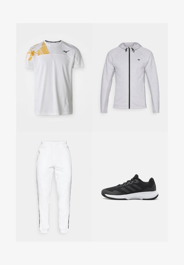 Szara bluza z kapturem na zamek, z czarnym zamkiem i sznurkiem do regulacji. Teksturowane boczne panele oraz zielone logo na piersi dopełniają design.; Biała koszulka sportowa z geometrycznym żółtym wzorem na jednym ramieniu, gładka tekstura, okrągły dekolt i logo w ciemnoszarym kolorze.; Białe spodnie dresowe z elastycznym paskiem, z czarnymi paskami bocznymi i mankietami. Wykonane z miękkiego materiału o gładkiej teksturze.; Czarne buty sportowe z teksturowaną cholewką, trzema poziomymi paskami i białą podeszwą z wzorzystym bieżnikiem. Lekka i aerodynamiczna konstrukcja.