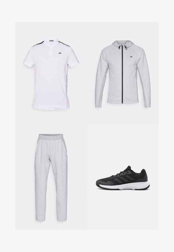 Felpa grigia con zip, caratterizzata da una zip nera e un cordino. I pannelli laterali testurizzati e un logo verde sul petto completano il design.; Polo bianco con maniche corte, colletto a bottoni e accenti neri sulle spalle. Realizzato in un tessuto traspirante con una consistenza liscia.; Pantaloni sportivi grigi chiari realizzati in tessuto morbido, con vita elasticizzata, due tasche laterali e gambe a fascio con orlo elasticizzato.; Scarpa da ginnastica nera con parte superiore texturizzata, tre strisce orizzontali e una suola bianca con battistrada a motivo. Design leggero e aerodinamico.