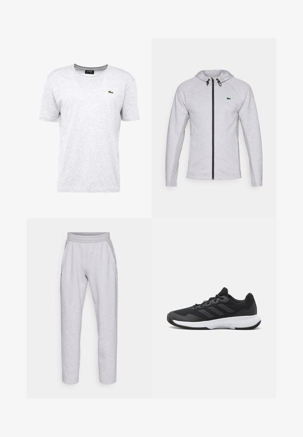 Gray hoodie with a zipper, featuring a black zip and drawstring. Textured side panels and a green logo on the chest complete the design.; Light gray T-shirt made of cotton blend, featuring a round neck, short sleeves, and a small green crocodile logo on the left chest.; Light grey sweatpants made from soft fabric, featuring an elastic waistband, two side pockets, and tapered legs with a cuffed hem.; Black athletic shoe featuring a textured upper, three horizontal stripes, and a white sole with a patterned tread. Lightweight and streamlined design.