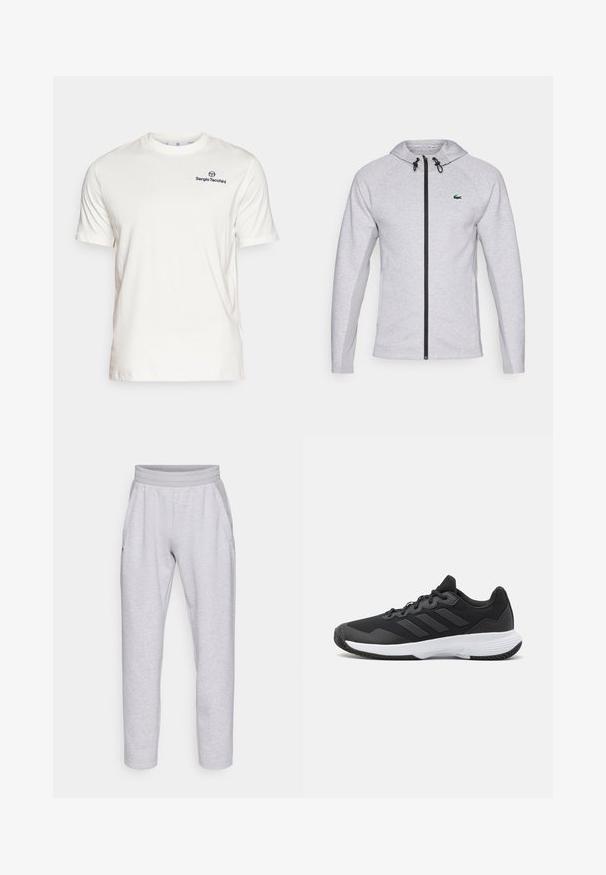 Siva dukserica s patentnim zatvaračem, sa crnim patentnim zatvaračem i špagom. Teksturisani bočni paneli i zeleni logo na prsima upotpunjuju dizajn.; Sergio Tacchini BOLD - Osnovna majica kratkih rukava - gardenia/navy; Svijetlosive trenirke izrađene od mekog materijala, s elastičnom utakmicom, dva bočna džepa i suženim nogavicama s manžetom.; Crna atletska cipela s teksturiranim gornjim dijelom, tri horizontalne pruge i bijelom potplatu s uzorkom. Lagani i aerodinamični dizajn.