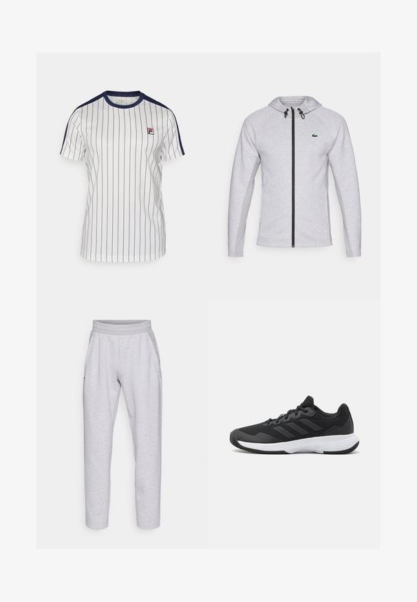 Grå hettegenser med glidelås, med svart glidelås og snor. Teksturområder på sidene og en grønn logo på brystet fullfører designet.; Hvit T-skjorte med tynne marineblå vertikale striper, ribbet marineblå krage og korte ermer. Har en liten rød og marineblå logo på brystet.; Lys grå joggebukser laget av mykt stoff, med elastisk linning, to sidelommer og smale ben med mansjett.; Svart idrettssko med teksturert overdel, tre horisontale striper, og en hvit såle med mønstret gummibunn. Lettvekts og strømlinjeformet design.