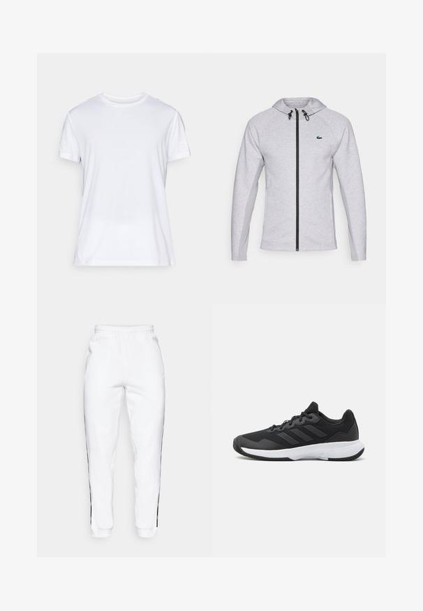 Pelēka kapuce ar rāvējslēdzēju, kurai ir melns rāvējslēdzējs un aukla. Tekstūrēti sānu paneļi un zaļa logo uz krūškurvja pilnveido dizainu.; Balta īsām piedurknēm T-krekls, izgatavots no viegliem audumiem. Piedāvā apaļu kakla izgriezumu un smalku teksturētu rakstu. Logo uzdrukāts uz piedurknes.; Baltas sporta bikses ar elastīgu jostasvietu, ar melniem sānu svītrām un aprocēm. Izgatavotas no mīksta auduma ar gludu tekstūru.; Melna sporta apavi ar teksturētu virsu, trim horizontālām svītrām un baltu zoli ar rakstainu protektoru. Viegls un plūstošs dizains.