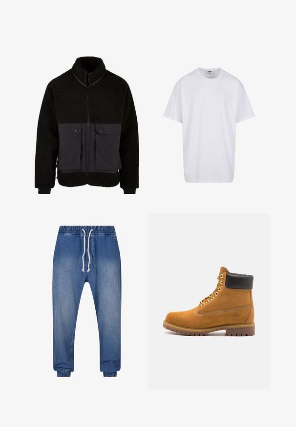 Črna flis jakna z teksturiranim zgornjim delom in gladkim spodnjim delom. Ima visok ovratnik, sprednji zadrgo in dve žepek na prsih s pritrdilnimi gumbi.; Bela bombažna majica s kratkimi rokavi, okroglim izrezom, sproščenim krojem in brez vidnih logotipov ali vzorcev. Gladka tekstura in minimalen dizajn.; Jeans jogger hlače z elastičnim pasom, nastavljivo vrvico in elastiko na koncih hlačnic. Imajo svetlo modro pranje in gladko teksturo.; Svetlo rjave anklne čizme iz semiša z črnim oblazinjenim ovratnikom, zlatimi kovinskimi očesci, belimi šivi in robustnim gumijastim podplatom s izrazitimi tredi.