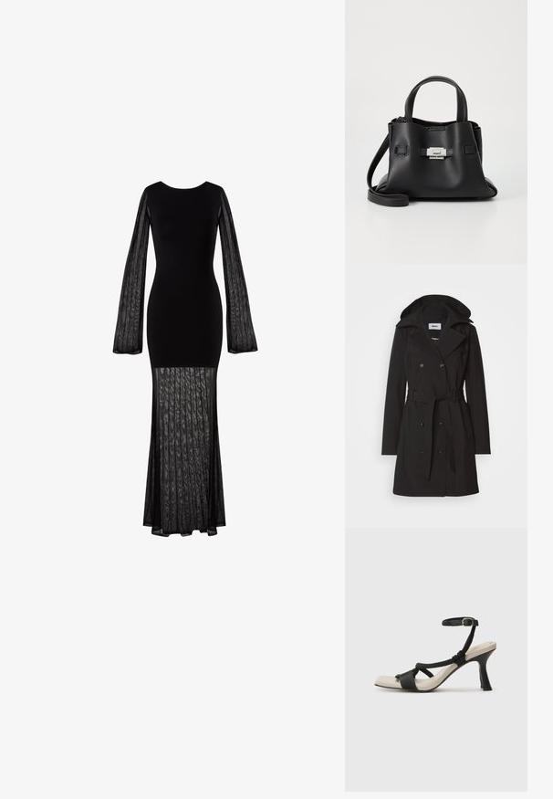 Svart trenchcoat med dobbeltradet design, stor krage, justerbart belte og hette. Laget av et glansfullt, glatt materiale.; Svart langermet kjole med tettsittende liv og gjennomsiktige, teksturerte ermer. Flott, delvis gjennomsiktig skjørt med plissédesign nederst.; Sorte helårs sandaler med flettet stroppesdesign, firkantet tå og justerbar ankelrem. Lys beige fotseng med glanset svart hæl.; Svart skinnveske med teksturert overflate, som har to håndtak på toppen, en avtagbar skulderrem og detaljer med sølvspenne.