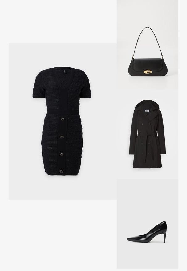 Čierny trench coat s dvojradovým dizajnom, veľkým golierom, nastaviteľným pásom a kapucňou. Vyrobený z hladkej, lesklej tkaniny.; Čierne pletené šaty s výstrihom do V, krátkymi rukávmi a textúrovanými pruhmi. Majú priliehavý strih a šesť zlatých predných gombíkov.; Čierna kožená vysoká topánka s ihlovým podpätkom a špičatou špicou, hladkou textúrou a zúženým podpätkom. Minimalistický dizajn, bez ďalších ozdôb.; Čierna kožená kabelka s prehnutým dizajnom, zlatými kovovými detailmi a horným uchom. Má elegantné zatvorenie a hladký povrch.