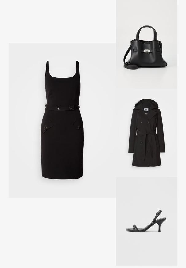 Caban negru cu un design cu două rânduri de nasturi, guler mare, curea ajustabilă și glugă. Confectionat dintr-un material neted și elegant.; Rochie neagră, ajustată, cu decolteu pătrat, curea reglabilă cu accesorii circulare și două buzunare frontale cu clapete rotunjite.; Sandale cu toc înalt din piele neagră, cu un toc subțire și curbat și un design cu curea încrucișată. Curea la gleznă ajustabilă. Textură netedă.; Geantă de mână din piele neagră cu o finisare texturată, având două mânere superioare, o curea de umăr detașabilă și un detaliu cu închidere din argint.