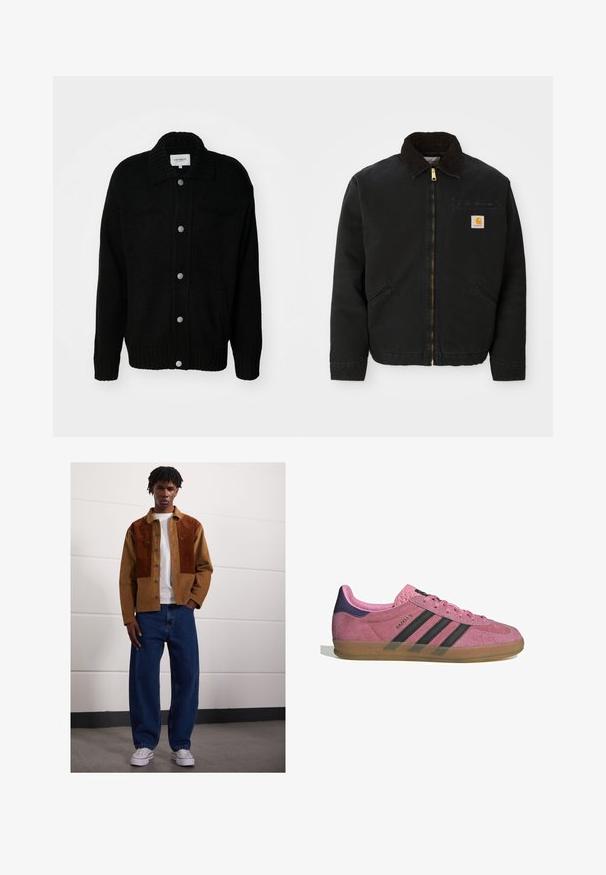Schwarze zip-up Jacke mit braunem Cordkragen, zwei Seitentaschen und einem kleinen quadratischen Carhartt-Logo-Patch auf der linken Brust.; Schwarze Strickjacke mit Kragen, vorderen Knöpfen, zwei Taschen, gerippten Bündchen und Saum. Gewebter Stoff mit lockerer Passform.; Helles rosa Button-down-Hemd mit vertikalen blauen Streifen, Kragen, langen Ärmeln und lockerer Passform. Aus glattem Stoff mit leichtem Glanz gefertigt.; Mann steht drinnen und trägt eine braune Cordjacke mit Rostflecken, ein weißes T-Shirt, lockere blaue Jeans und weiße Sneakers.; Rosa Wildleder-Sneaker mit schwarzen Streifen, Gummisohle und strukturiertem lila Fersenbereich. Verfügt über ein Schnürdesign und geprägte Markenkennzeichnung an der Seite.