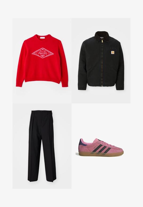 Melns zip-up jaka ar brūnu korduroja apkakli, divām sānu kabatām un mazu kvadrātveida Carhartt logotipa uzšuvumu kreisajā krūtī.; Sarkans adīts džemperis ar apaļu kakla izgriezumu, tam ir balts dimanta formas grafiks ar uzrakstu "MOONLIGHT MARINE PARIS." Ribināti piedurkņu gali un apakšmalā.; Melnas plisētās bikses ar taisnu, plata kāja dizainu. Izgatavotas no gludas auduma, ar pogu aizdari un jostas cilpiņām.; Rozā zamšādas sporta apavi ar melnām svītrām, gumijas zoli un teksturētu purpura papēdi. Iezīmējas ar auklēšanas dizainu un izspiestu zīmolu sānos.