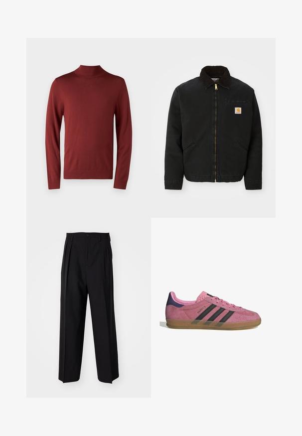 Zwarte ritsjack met een bruine corduroy kraag, twee zijzakken en een klein vierkant Carhartt logo-patch op de linkerborst.; Rode coltrui gemaakt van zacht gebreid materiaal, met lange mouwen, geribbelde manchetten en kraag, met een gladde, gelijkmatige textuur.; Zwarte geplooide broeken met een rechte, brede pijpontwerp. Gemaakt van soepele stof, met een knoopsluiting en riemlussen.; Roze suède sneaker met zwarte strepen, rubberen zool en textuur op de paarse hak. Voorzien van een vetersluiting en opgedrukte merknaam aan de zijkant.