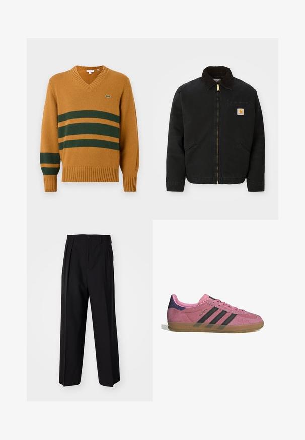 Černá zipová bunda s hnědým kordovým límcem, dvě boční kapsy a malá čtvercová nášivka s logem Carhartt na levé hrudi.; Hořčicově žlutý svetr s V-výstřihem a tmavě zelenými vodorovnými pruhy přes hruď a levou rukáv, s malým logem krokodýla na hrudi.; Černé skládací kalhoty s rovnými, širokými nohavicemi. Vyrobené z hladké tkaniny, se zapínáním na knoflík a poutky na opasek.; Růžové semišové tenisky s černými pruhy, gumovou podrážkou a strukturovaným fialovým podpatkem. Disponují šněrovacím designem a embosovaným logem na boku.