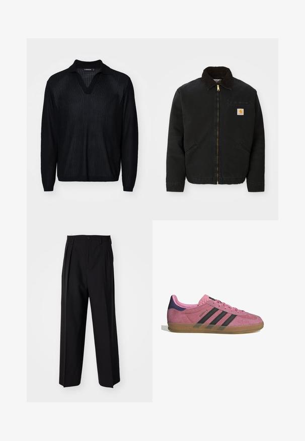 Fekete zipzáras dzseki barna kordbársony gallérral, két oldalsó zsebbe és egy kis négyzet alakú Carhartt logóval a bal mellen.; Fekete kötött pulóver V-nyakkal, bordás textúrával, hosszú ujjal és kontrasztos gallérral. Zökkenőmentes, könnyű anyag.; Fekete, pliszírozott nadrág, egyenes, széles lábakkal. Sima anyagból készült, gombos záródással és övhurkokkal rendelkezik.; Rózsaszín velúr sportcipő fekete csíkkal, gumi talppal és texturált lila sarokkal. Fűzős kialakítással és a márka dombornyomott logójával az oldalon.