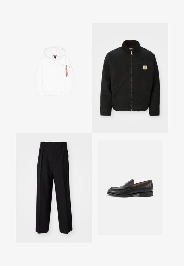 Zwarte ritsjack met een bruine corduroy kraag, twee zijzakken en een klein vierkant Carhartt logo-patch op de linkerborst.; Witte hoodie met een voorzak, een capuchon met trekkoord en een zijzak met rits. Heeft een klein logo op de borst en een rode stoffen label.; Zwarte geplooide broeken met een rechte, brede pijpontwerp. Gemaakt van soepele stof, met een knoopsluiting en riemlussen.; Zwarte leren loafers met een gladde afwerking, ronde neus en decoratieve stiksels op de wreef. Lage gestapelde hak en een lichte glans.