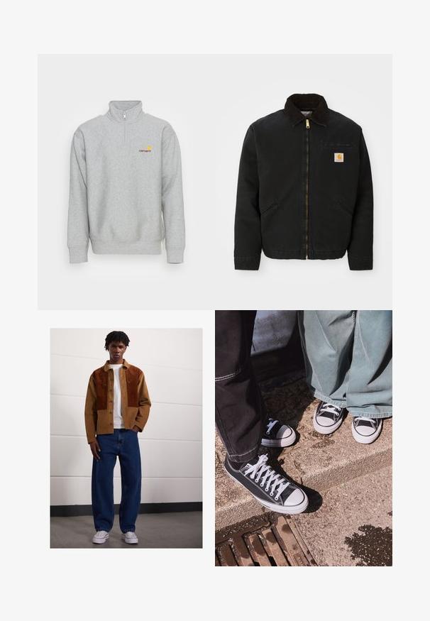 Μαύρο μπουφάν με φερμουάρ και καφέ κοτλέ γιακά, δύο πλαϊνές τσέπες και ένα μικρό τετράγωνο λογότυπο Carhartt στο αριστερό στήθος.; Carhartt WIP HALF ZIP AMERICAN SCRIPT - Φούτερ - grey heather; Άνδρας που στέκεται σε κλειστό χώρο φορώντας καφέ μαλακό σακάκι με ζωηρές ραφές, λευκό μπλουζάκι, φαρδιά μπλε τζιν και λευκά αθλητικά παπούτσια.; Μαύρα καμβά χαμηλά αθλητικά παπούτσια με λευκά καπάκια και κορδόνια, συνδυασμένα με φαρδύ πράσινο τζιν παντελόνι, πάνω σε μία υφασμάτινη επιφάνεια από πέτρα.