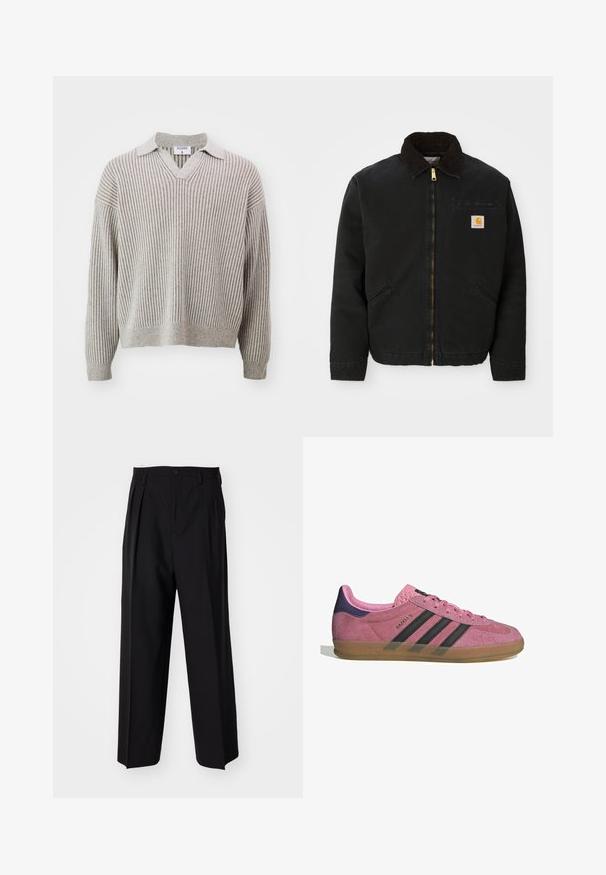 Svarte zip-up jakke med brun kordfløyelskrage, to sidelommer og en liten firkantet Carhartt-logo på venstre bryst.; Filippa K Strikkegenser - beige/white; Sorte plissert bukser med en rett, bred benform. Laget av glatt stoff, med knappelukking og beltehemper.; Rosa semskesko med svarte striper, gummisåle og teksturert lilla hæl. Har en snøringdesign og preget merkevare på siden.