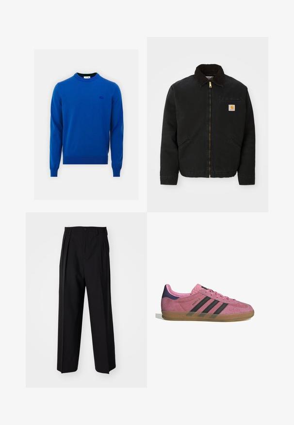 Mustan lukuga vest, millel on pruunist kangast krae, kaks küljetaskut ja väike ruudukujuline Carhartti logo patch vasakul rinnal.; Sinine kudum särk ümmarguse kaeluse, pikkade varrukate, soonikkoes mansettide ja hemina ning väikesel tikkitud logoga vasakul rinnal. Sile tekstuur.; Mustad volditud püksid sirge ja laia säärega disainiga. Valmistatud siledast kangast, millel on nuppudega sulgemine ja vööaasad.; Roosa seemneviziga toss, millel on mustad triibud, kummist soon, ja tekstureeritud lilla konts. Omab nööridega sulgemist ja reljeefset brändingut küljel.