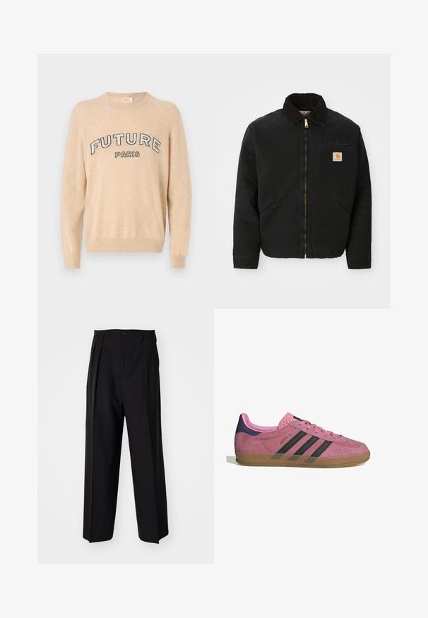 Zwarte ritsjack met een bruine corduroy kraag, twee zijzakken en een klein vierkant Carhartt logo-patch op de linkerborst.; Beige sweater gemaakt van zachte stof, met een ronde halslijn, lange mouwen en de tekst "FUTURE PARIS" in donkere letters over de borst.; Zwarte geplooide broeken met een rechte, brede pijpontwerp. Gemaakt van soepele stof, met een knoopsluiting en riemlussen.; Roze suède sneaker met zwarte strepen, rubberen zool en textuur op de paarse hak. Voorzien van een vetersluiting en opgedrukte merknaam aan de zijkant.