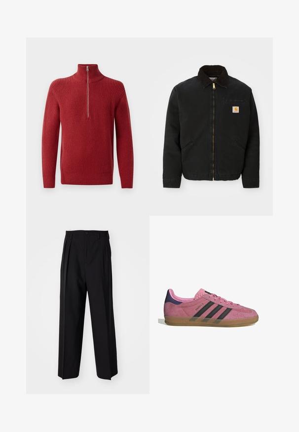 Mustan lukuga vest, millel on pruunist kangast krae, kaks küljetaskut ja väike ruudukujuline Carhartti logo patch vasakul rinnal.; Punase soonik, millel on kõrge kaelus ja pool-tõmblukk. Tekstuur on kare ja soe, sobib jahedamate ilmade jaoks.; Mustad volditud püksid sirge ja laia säärega disainiga. Valmistatud siledast kangast, millel on nuppudega sulgemine ja vööaasad.; Roosa seemneviziga toss, millel on mustad triibud, kummist soon, ja tekstureeritud lilla konts. Omab nööridega sulgemist ja reljeefset brändingut küljel.