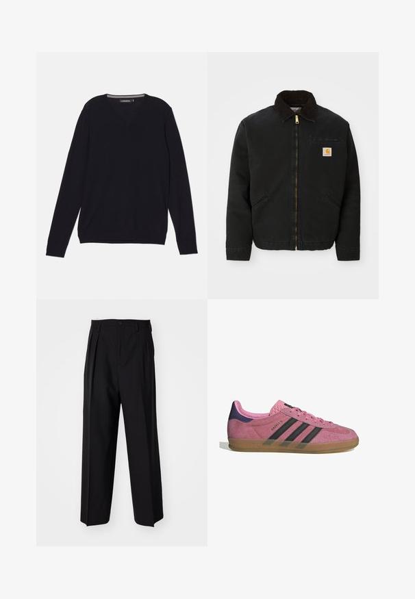 Svarte zip-up jakke med brun kordfløyelskrage, to sidelommer og en liten firkantet Carhartt-logo på venstre bryst.; Svart langermet V-hals genser laget av et glatt, lett stoff. Har ribbede mansjetter og kant for en tettsittende utseende.; Sorte plissert bukser med en rett, bred benform. Laget av glatt stoff, med knappelukking og beltehemper.; Rosa semskesko med svarte striper, gummisåle og teksturert lilla hæl. Har en snøringdesign og preget merkevare på siden.