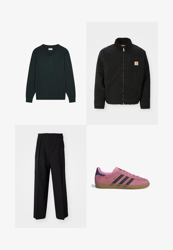 Svart zip-up jacka med brunt kordflöjlskrage, två sidofickor och en liten fyrkantig Carhartt-logotyp på vänster bröst.; Mörkgrön V-ringad pullovertröja i mjukt stickat tyg. Har långa ärmar och en diskret broderad logotyp på bröstet.; Svarta plisserade byxor med en rak, bred bendesign. Tillverkade av ett slätt tyg, med knäppning fram och bälteshällor.; Rosa mockasnöre med svarta ränder, gummsula och texturerad lila häl. Har en snörningsdesign och prägling på sidan.