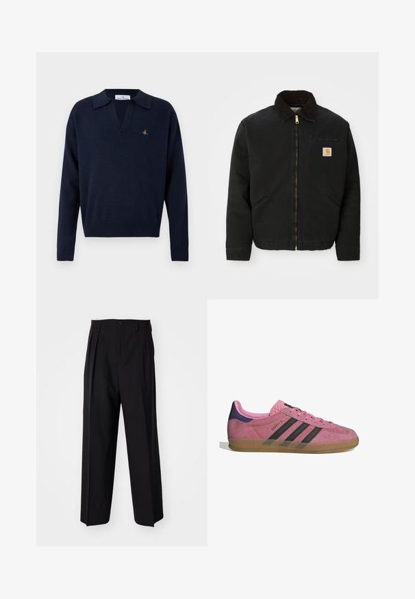 Μαύρο μπουφάν με φερμουάρ και καφέ κοτλέ γιακά, δύο πλαϊνές τσέπες και ένα μικρό τετράγωνο λογότυπο Carhartt στο αριστερό στήθος.; Μακρυμάνικο πλεκτό πουλόβερ σε ναυτικό μπλε χρώμα με ριμπ στα μανσέτα και στη μέση, ανοιχτό γιακά και μικρό πολύχρωμο κεντητό λογότυπο στην αριστερή πλευρά του στήθους.; Μαύροι πιέτες παντελόνια με ίσια, φαρδιά γραμμή. Κατασκευασμένα από λείο ύφασμα, με κλείσιμο με κουμπί και θηλιές για ζώνη.; Ροζ σουέτ sneakers με μαύρες λωρίδες, καουτσούκ σόλα και υφή μωβ τακούνι. Διαθέτουν σχέδιο με κορδόνια και ανάγλυφο λογότυπο στο πλάι.