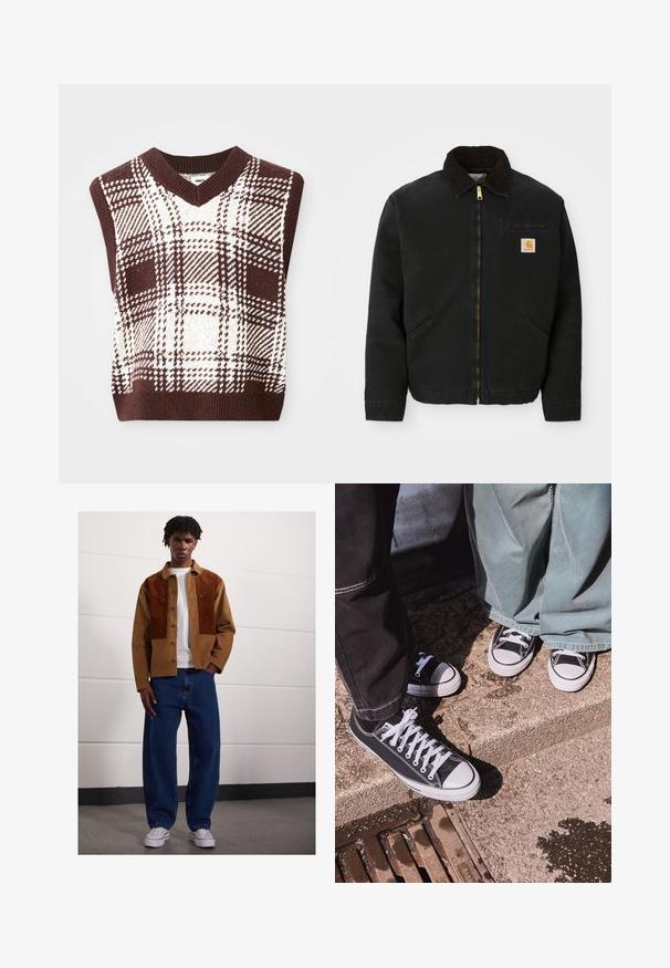 Svarte zip-up jakke med brun kordfløyelskrage, to sidelommer og en liten firkantet Carhartt-logo på venstre bryst.; Brun og kremrutete strikket utenermet genser med V-halsdesign og ribbet kant, som har ulike rutemønstre og teksturer.; Mann som står innendørs iført en brun kordfløyelsjakke med rustfargede flekker, hvit t-skjorte, løse blå jeans og hvite sneakers.; Svart lerret lågtopp sneakers med hvite gummitåkapper og snørebånd, sammen med vide grønne denimbukser, på en teksturert steinoverflate.