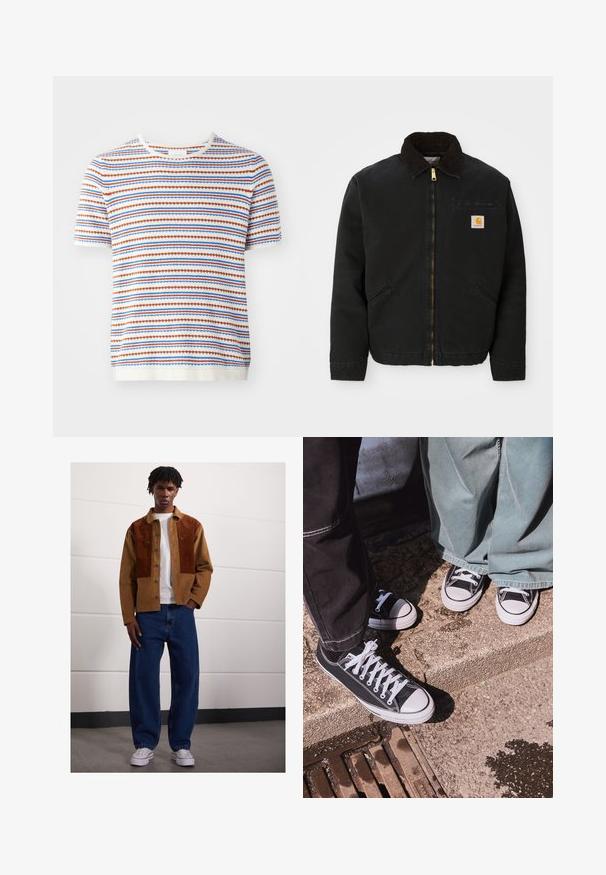 Czarna kurtka zapinana na zamek z brązowym kołnierzem z kordurowej tkaniny, dwa boczne kieszenie oraz mała, kwadratowa naszywka z logo Carhartt na lewej piersi.; Sweter z krótkim rękawem w kolorze białym z poziomymi paskami w kolorach czerwonym, niebieskim i pomarańczowym, z ribbowanym dekoltem i teksturowanym splotem.; Mężczyzna stojący w pomieszczeniu, ubrany w brązową kurtkę z sztruksu z rdzawej kolorze, białą koszulkę, luźne niebieskie dżinsy oraz białe trampki.; Czarne płócienne sneakersy typu low-top z białymi gumowymi czubkami i sznurówkami, w połączeniu z szerokimi zielonymi dżinsami, na teksturowanej kamiennej powierzchni.
