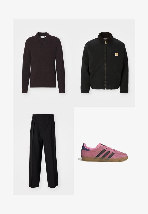 Schwarze zip-up Jacke mit braunem Cordkragen, zwei Seitentaschen und einem kleinen quadratischen Carhartt-Logo-Patch auf der linken Brust.; Braun gestrickter Pullover mit langen Ärmeln, einem Kragen und einer Knopfleiste. Weiche Textur, leicht lockere Passform und schlichtes Design.; Schwarze, plissierte Hose mit geradem, weitem Bein. Hergestellt aus glattem Stoff, mit Knopfverschluss und Gürtelschlaufen.; Rosa Wildleder-Sneaker mit schwarzen Streifen, Gummisohle und strukturiertem lila Fersenbereich. Verfügt über ein Schnürdesign und geprägte Markenkennzeichnung an der Seite.