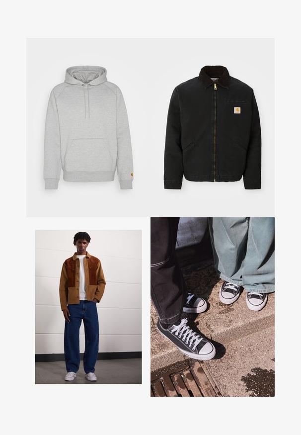 Črna jakna z zadrgo in ovratnikom iz rjave žameta, z dvema stranskima žepoma in majhno kvadratno oznako Carhartt na levem prsnem delu.; Siva kapuca s puloverjem z kengurujskim žepom, rebrastimi manšetami in robom, ki ima logotip na levem rokavu. Mehka tekstura blaga.; Carhartt WIP BRANDON PANT - Vrečaste kavbojke - blue stone washed; Črne platnene teniske z nizkim vrhom, belimi gumijastimi kapicami in vezalkami, v kombinaciji z širokimi zelenimi jeansi, na teksturirani kamniti površini.