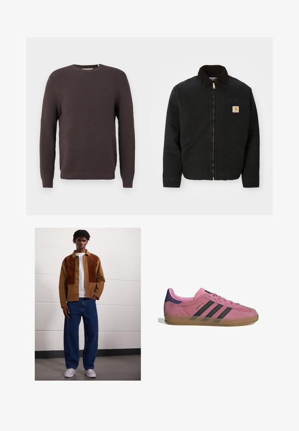 Giacca nera con zip e colletto in corduroy marrone, due tasche laterali e una piccola toppa quadrata con il logo Carhartt sul petto sinistro.; Maglione a girocollo a coste di colore marrone scuro con maniche lunghe e polsini aderenti.; Uomo che sta in piedi all'interno, indossando una giacca di velluto a coste marrone con macchie arrugginite, una maglietta bianca, jeans blu larghi e sneaker bianche.; Sneaker in suede rosa con strisce nere, suola in gomma e tallone texturizzato viola. Presenta un design con lacci e un marchio in rilievo sul lato.