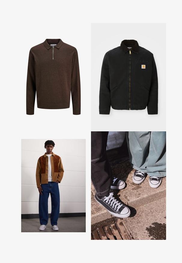 Čierna zipsová bunda s hnedým kordovým golierom, dvoma bočnými vreckami a malou štvorcovou nášivkou s logom Carhartt na ľavej hrudi.; Tmavohnedý sveter s dlhým rukávom, pletený, s golierom a polovičným zipsom vpredu, s rebrovanými manžetami a lemom, označený značkou JACK & JONES.; Muž stojí vo vnútorných priestoroch, oblečený v hnedých kordových sako so sivými škvrnami, biele tričko, voľné modré džínsy a biele tenisky.; Čierne plátenné tenisky s nízkym strihom, bielymi gumovými špičkami a šnúrkami, v kombinácii so širokými zelenými denimovými nohavicami, na textúrovanej kamennej ploche.