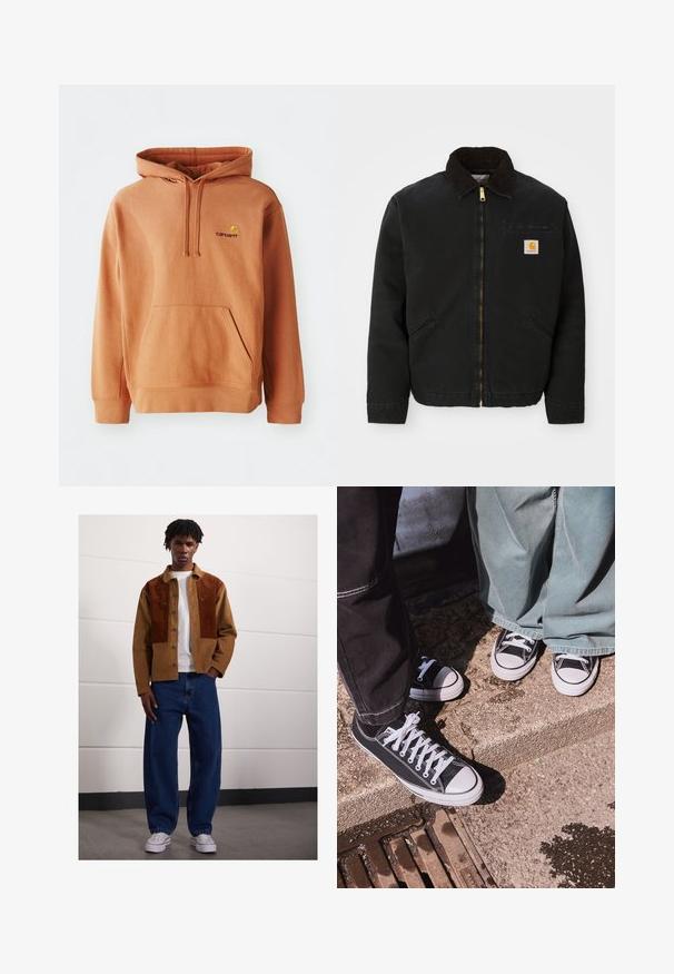 Sort zip-up jakke med brun kordfløjlskrave, to sidelommer og et lille firkantet Carhartt logo patch på venstre bryst.; Orange hoodie lavet af bomuldsblanding med en frontlomme, justerbar hætte med snor og broderet logo på brystet.; Mand, der står indendørs iført en brun cordurojjakke med rustfarvede pletter, hvid t-shirt, løse blå jeans og hvide sneakers.; Sorte canvas low-top sneakers med hvide gummitåspidser og snørebånd, parret med brede grønne denim bukser, på en tekstureret stensoverflade.