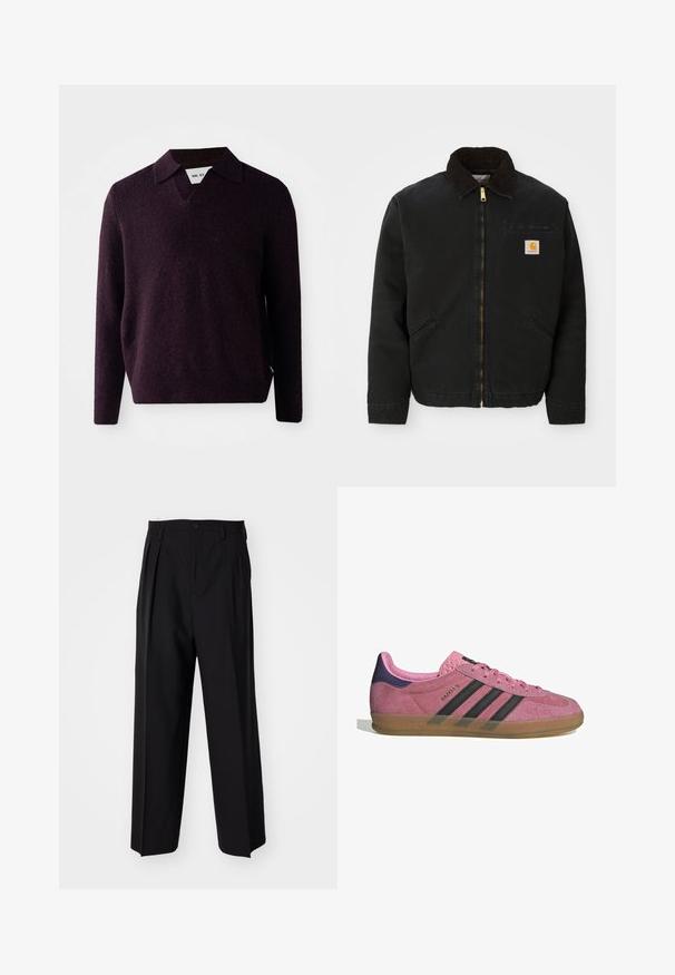 Schwarze zip-up Jacke mit braunem Cordkragen, zwei Seitentaschen und einem kleinen quadratischen Carhartt-Logo-Patch auf der linken Brust.; Strickpullover in Dunkellila mit V-Ausschnitt, langen Ärmeln und strukturiertem Finish. Verfügt über einen klassischen Kragen und ein seitliches Etikett.; Schwarze, plissierte Hose mit geradem, weitem Bein. Hergestellt aus glattem Stoff, mit Knopfverschluss und Gürtelschlaufen.; Rosa Wildleder-Sneaker mit schwarzen Streifen, Gummisohle und strukturiertem lila Fersenbereich. Verfügt über ein Schnürdesign und geprägte Markenkennzeichnung an der Seite.