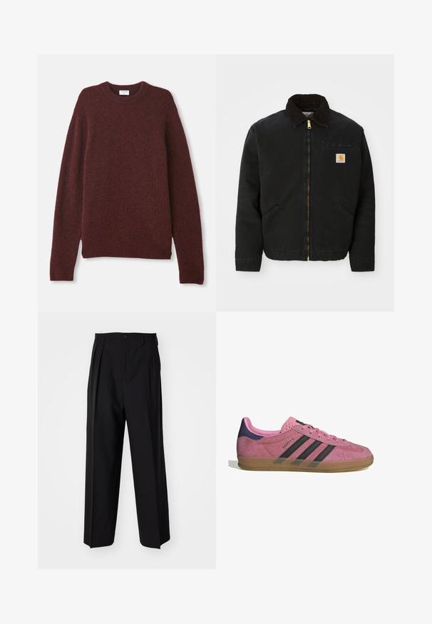 Svarte zip-up jakke med brun kordfløyelskrage, to sidelommer og en liten firkantet Carhartt-logo på venstre bryst.; Burgunderfarget genser laget av mykt stoff med klassisk rund hals, lange ermer og en avslappet passform. Ingen mønstre eller synlig maskinvare.; Sorte plissert bukser med en rett, bred benform. Laget av glatt stoff, med knappelukking og beltehemper.; Rosa semskesko med svarte striper, gummisåle og teksturert lilla hæl. Har en snøringdesign og preget merkevare på siden.