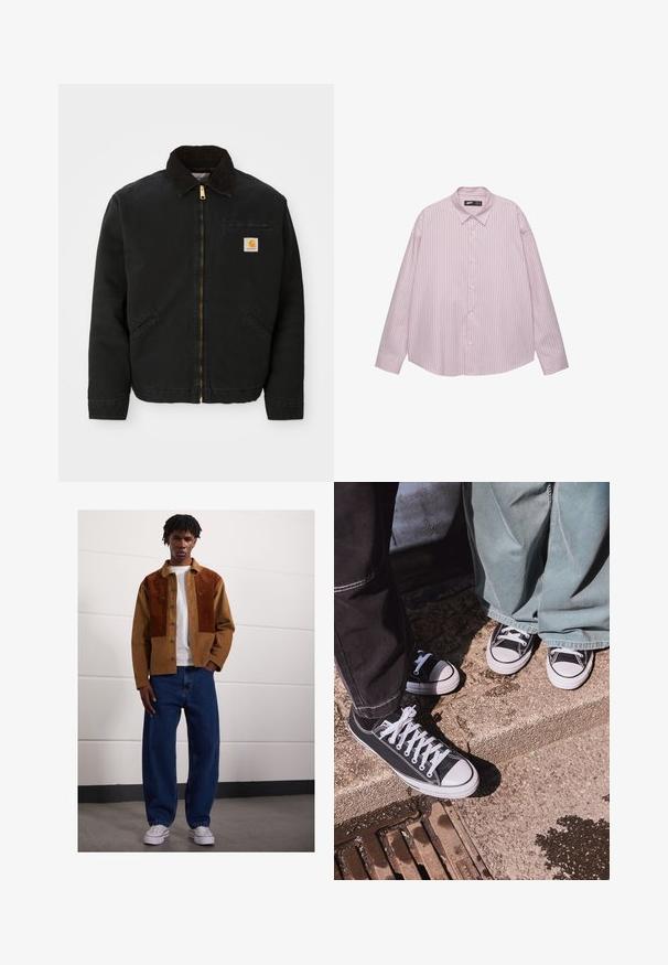 Fekete zipzáras dzseki barna kordbársony gallérral, két oldalsó zsebbe és egy kis négyzet alakú Carhartt logóval a bal mellen.; Világos rózsaszín gombos ing, függőleges kék csíkokkal, galléros nyakkal, hosszú ujjakkal és laza fazonnal. Simogató anyagból készült, enyhe fényességgel.; Férfi áll bent egy barna kordbársony dzsekiben rozsdás foltokkal, fehér pólóban, laza kék farmerben és fehér sportcipőben.; Fekete vászon, alacsony szárú sportcipők fehér gumibókos részekkel és fűzőkkel, széles zöld farmernadrággal párosítva, egy textúrált kőfelületen.