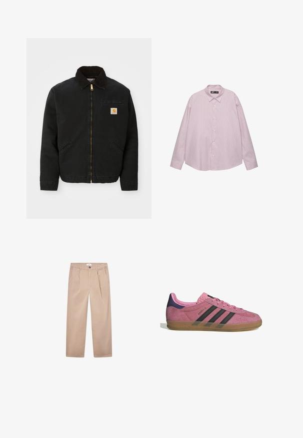 Crna jakna na zip s okovratnikom od smešnog kordura, dva bočna džepa i mala kvadratna oznaka Carhartt na lijevoj strani prsiju.; Svijetlopinkena košulja na dugih rukava s okovratnikom, s vertikalnim plavim prugama i lepršavim krojem. Izrađena od glatkog materijala s blagim sjajem.; Pantalone od khakija izrađeni od pamuka s ravnim nogavicama, sadrže dva prednja džepa, zatvaranje na dugme i klasičan kroj.; Roze nubuk tenisice s crnim prugama, gumeni potplat i teksturirani ljubičasti petni dio. Imaju vezivanje i utisnuti brend na strani.