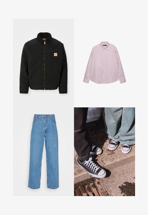 Czarna kurtka zapinana na zamek z brązowym kołnierzem z kordurowej tkaniny, dwa boczne kieszenie oraz mała, kwadratowa naszywka z logo Carhartt na lewej piersi.; Jasnoróżowa koszula zapinana na guziki z pionowymi niebieskimi paskami, z kołnierzykiem, długimi rękawami i luźnym krojem. Wykonana z gładkiej tkaniny o lekko połyskującej powierzchni.; Jasnoniebieskie dżinsy o wysokim stanie i szerokim kroju. Zawierają pięć kieszeni, metalowe zapięcie oraz prosty dół.; Czarne płócienne sneakersy typu low-top z białymi gumowymi czubkami i sznurówkami, w połączeniu z szerokimi zielonymi dżinsami, na teksturowanej kamiennej powierzchni.