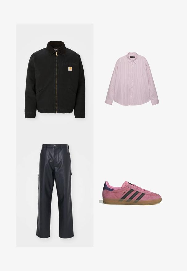 Mustapaita, jossa on ruskea corduroy-kaulus, kaksi sivutaskua ja pieni neliömäinen Carhartt-logopatchi vasemmassa rinnassa.; Vaaleanpunainen nappipaita, jossa on pystysuunnassa sinisiä raitoja, kauluspäällinen, pitkät hihat ja löysä istuvuus. Valmistettu sileästä kankaasta, jossa on hieno kiilto.; Mustat nahkahousut, joissa on sileä pinta, leveä lahkeiden malli ja sivutaskut. Varustettu napilla suljettavana ja vyölenkeillä.; Vaaleanpunaiset mokkanahkakengät mustilla raidoilla, kumipohjalla ja teksturoidulla purppurakorkealla. Varustettu nauhakiinnityksellä ja kohokuvioidulla brändäyksellä sivussa.