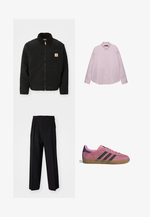 Zwarte ritsjack met een bruine corduroy kraag, twee zijzakken en een klein vierkant Carhartt logo-patch op de linkerborst.; Lichtroze button-up overhemd met verticale blauwe strepen, kraag, lange mouwen en een losse pasvorm. Gemaakt van een soepele stof met een lichte glans.; Zwarte geplooide broeken met een rechte, brede pijpontwerp. Gemaakt van soepele stof, met een knoopsluiting en riemlussen.; Roze suède sneaker met zwarte strepen, rubberen zool en textuur op de paarse hak. Voorzien van een vetersluiting en opgedrukte merknaam aan de zijkant.