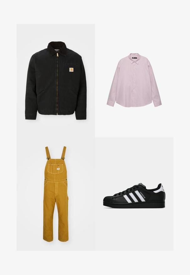 Čierna zipsová bunda s hnedým kordovým golierom, dvoma bočnými vreckami a malou štvorcovou nášivkou s logom Carhartt na ľavej hrudi.; Svetloružová košeľa na gombíky s vertikálnymi modrými pruhmi, s golierom, dlhými rukávmi a voľným strihom. Vyrobená z hladkej tkaniny s jemným leskom.; Žlté bavlnené overall s nastaviteľnými ramienkami, prednými vreckami a kovovými detailmi. Rovno strihaný dizajn, robustná tkanina a zosilnené švy.; Čierne tenisky Adidas Superstar s bielymi pruhmi, špičkou v tvare mušle a textom "Superstar" na boku, zobrazené v bočnom profilu na bielom pozadí.