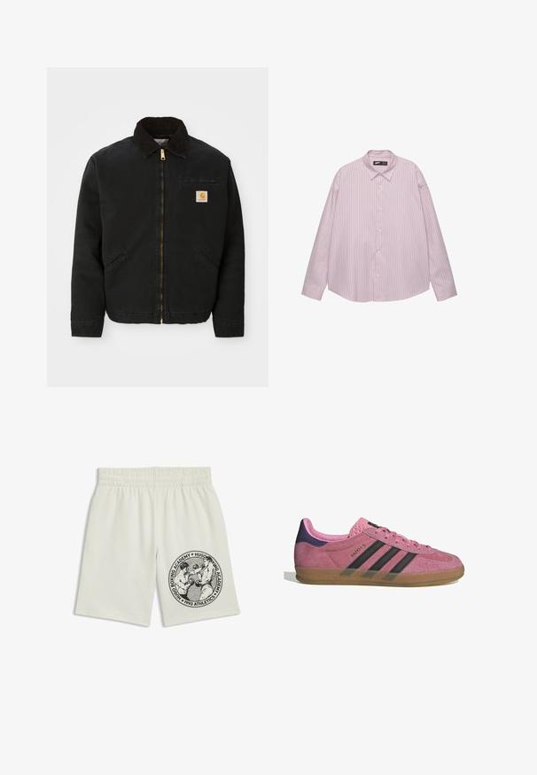 Mustapaita, jossa on ruskea corduroy-kaulus, kaksi sivutaskua ja pieni neliömäinen Carhartt-logopatchi vasemmassa rinnassa.; Vaaleanpunainen nappipaita, jossa on pystysuunnassa sinisiä raitoja, kauluspäällinen, pitkät hihat ja löysä istuvuus. Valmistettu sileästä kankaasta, jossa on hieno kiilto.; Kermanväriset shortsit, joissa on joustava vyötärö, sisältävät mustan grafiikan kahdesta nyrkkeilijästä ja tekstin "Hugo Boxing Academy 1993 Athletics" lahkeessa.; Vaaleanpunaiset mokkanahkakengät mustilla raidoilla, kumipohjalla ja teksturoidulla purppurakorkealla. Varustettu nauhakiinnityksellä ja kohokuvioidulla brändäyksellä sivussa.