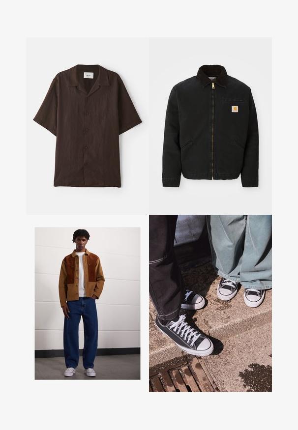 Zwarte ritsjack met een bruine corduroy kraag, twee zijzakken en een klein vierkant Carhartt logo-patch op de linkerborst.; Korte mouwen, kastshirt in donkerbruine stof met een platte kraag. Heeft een relaxte pasvorm en subtiele textuur. Geen zichtbare patronen of accenten.; Man die binnen staat en een bruine corduroyjas met roestvlekken, een wit T-shirt, losse blauwe spijkerbroeken en witte sneakers draagt.; Zwarte canvas lage sneakers met witte rubberen neusdeksels en veters, gecombineerd met brede groene denim broeken, op een gestructureerd stenen oppervlak.