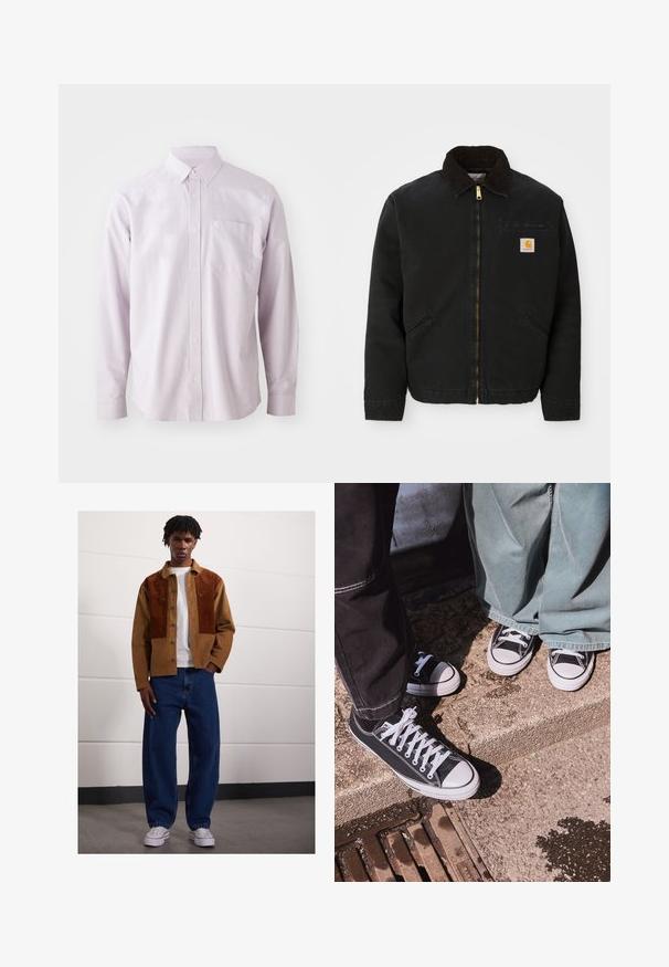 Chaqueta negra con cremallera y cuello de pana marrón, dos bolsillos laterales y un pequeño parche cuadrado con el logo de Carhartt en el lado izquierdo del pecho.; Camisa de manga larga de botón color púrpura claro, hecha de algodón, con un bolsillo en el pecho y un cuello clásico con botones blancos.; Hombre de pie en interiores, vistiendo una chaqueta de pana marrón con parches de óxido, camiseta blanca, jeans azules holgados y zapatillas blancas.; Zapatillas bajas de lona negras con punteras y cordones de goma blanca, combinadas con pantalones de mezclilla verde anchos, sobre una superficie de piedra texturizada.