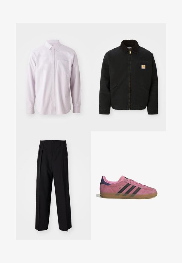 Črna jakna z zadrgo in ovratnikom iz rjave žameta, z dvema stranskima žepoma in majhno kvadratno oznako Carhartt na levem prsnem delu.; Svetlo vijolična dolga majica s katanco, izdelana iz bombaža, z žepom na prsih in klasičnim ovratnikom ter belimi gumbi.; Črne nabirane hlače s ravnim, širokim krojem. Narejene so iz gladkega materiala in imajo zadrgo ter pasne zanke.; Roza semišna tenisača z črnimi stripe, gumijastim podplatom in teksturiranim vijoličastim petnim delom. Ima vezalni dizajn in embosirano blagovno znamko na strani.