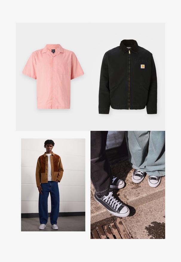 Svarte zip-up jakke med brun kordfløyelskrage, to sidelommer og en liten firkantet Carhartt-logo på venstre bryst.; Kortermet, rosa skjorte laget av lett materiale, med knappestolpe foran, krage og en enkelt brystlomme. Enkelt design og tekstur.; Mann som står innendørs iført en brun kordfløyelsjakke med rustfargede flekker, hvit t-skjorte, løse blå jeans og hvite sneakers.; Svart lerret lågtopp sneakers med hvite gummitåkapper og snørebånd, sammen med vide grønne denimbukser, på en teksturert steinoverflate.