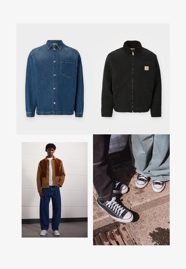 Crna jakna na zip s okovratnikom od smešnog kordura, dva bočna džepa i mala kvadratna oznaka Carhartt na lijevoj strani prsiju.; Tamno plavi traper košulja s gumbima sprijeda, ovratnikom i jednim džepom na prsima. Glatka tekstura i klasičan kroj. Srebrni gumbi kao dodatak.; Muškarac stoji unutra odjeven u smeđi široki šal s hrđavim mrljama, bijelu majicu, labave plave traperice i bijele tenisice.; Crne platnene tenisice niskog kroja s bijelim gumenim kapicama i vezicama, uparene s širokim zelenim trapericama, na strukturiranoj kamenoj površini.