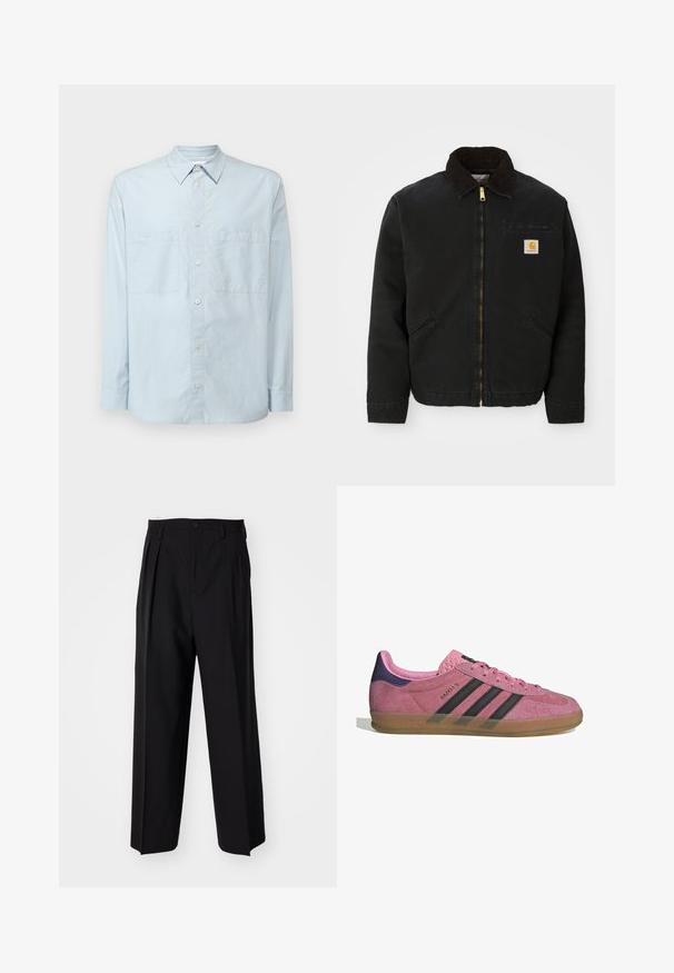 Chaqueta negra con cremallera y cuello de pana marrón, dos bolsillos laterales y un pequeño parche cuadrado con el logo de Carhartt en el lado izquierdo del pecho.; Camisa abotonada de color azul claro hecha de algodón, con un cuello clásico, mangas largas, dos bolsillos en el pecho y un ajuste ligeramente relajado.; Pantalones negros plisados con un diseño recto y de pierna ancha. Fabricados en una tela suave, presentan un cierre de botón y trabillas para el cinturón.; Zapatilla de ante rosa con rayas negras, suela de goma y talón texturizado púrpura. Cuenta con un diseño de cordones y una marca grabada en el lateral.