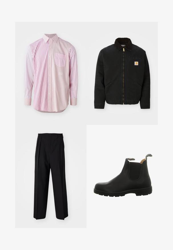 Svarte zip-up jakke med brun kordfløyelskrage, to sidelommer og en liten firkantet Carhartt-logo på venstre bryst.; Langermet skjorte med vekslende brede og smale rosa striper, knappekrage og en lomme på venstre bryst med et lignende stripemønster.; Sorte plissert bukser med en rett, bred benform. Laget av glatt stoff, med knappelukking og beltehemper.; Sorte lær Chelsea-støvler med elastiske sidepaneler, rund tå og en robust gummisål med hælstrikk for enkel påkledning.