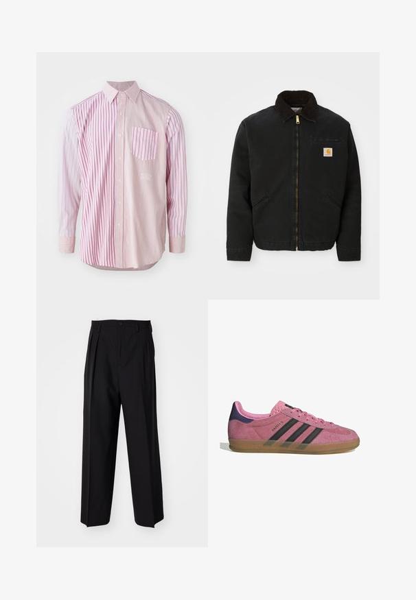 Černá zipová bunda s hnědým kordovým límcem, dvě boční kapsy a malá čtvercová nášivka s logem Carhartt na levé hrudi.; Košile s dlouhým rukávem s alternativními širokými a úzkými růžovými pruhy, s límcem na knoflíky a levým kapsičkovým prostorem se stejným pruhovaným vzorem.; Černé skládací kalhoty s rovnými, širokými nohavicemi. Vyrobené z hladké tkaniny, se zapínáním na knoflík a poutky na opasek.; Růžové semišové tenisky s černými pruhy, gumovou podrážkou a strukturovaným fialovým podpatkem. Disponují šněrovacím designem a embosovaným logem na boku.
