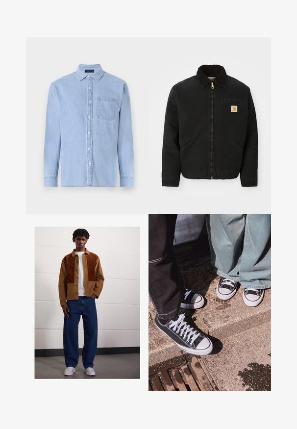 Giacca nera con zip e colletto in corduroy marrone, due tasche laterali e una piccola toppa quadrata con il logo Carhartt sul petto sinistro.; Camicia azzurro chiaro con bottoni realizzata in tessuto denim. Presenta un colletto, maniche lunghe e una tasca sul petto sinistro. Stile a vestibilità regolare.; Uomo che sta in piedi all'interno, indossando una giacca di velluto a coste marrone con macchie arrugginite, una maglietta bianca, jeans blu larghi e sneaker bianche.; Sneaker in tela nera basse con punte e lacci in gomma bianca, abbinate a pantaloni larghi in denim verde, su una superficie di pietra texturizzata.